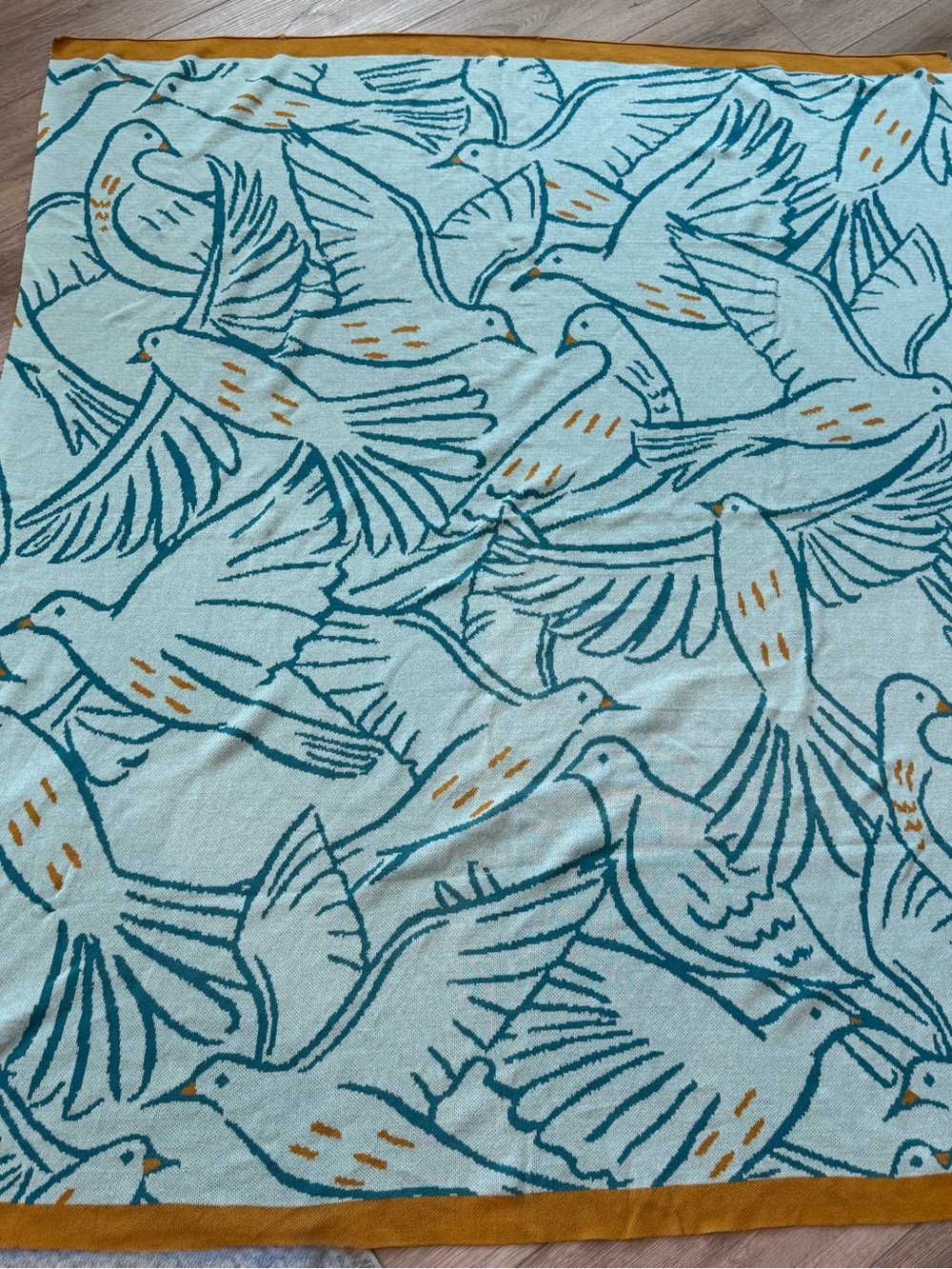 Anthropologie "Fable" Knit Bird Throw Blanket - Blue & Gold (55" x 60")